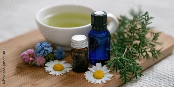 Fototapeta Wooden Table with Green Tea Cup and Essential Oils for Botanical Relaxation