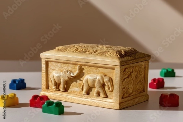 Fototapeta Wooden Toy Chest Carved with Elephants and Foliage Surrounded by Colorful Blocks