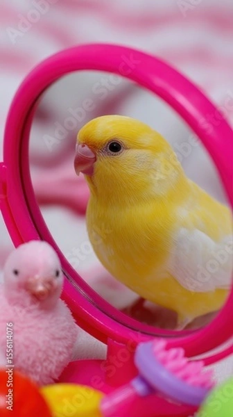 Fototapeta Yellow Canary Exploring Colorful Toys Near Pink Mirror in Playful Setting
