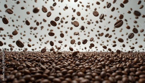 Obraz Flying Coffee Beans Above a Pile of Roasted Coffee Grounds