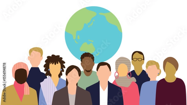 Obraz 地球を背景に並ぶいろんな国の人物たちの上半身