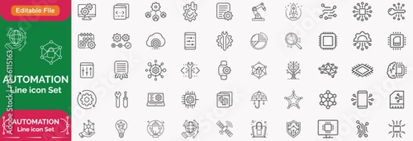 Obraz Automation line icon set with editable stroke, featuring intelligent process, finance automation, user interface, business model, digital optimisation, algorithm, BPM. illustration.
