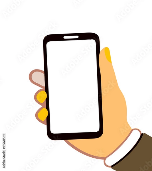 Fototapeta Mobile phone with white screen on male hand isolated on white background vector illustration