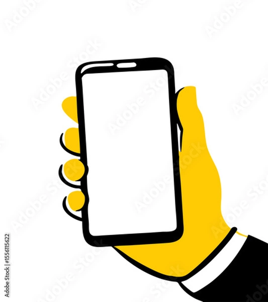 Fototapeta Mobile phone with white screen on male hand isolated on white background vector illustration