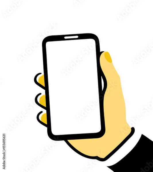 Fototapeta Mobile phone with white screen on male hand isolated on white background vector illustration