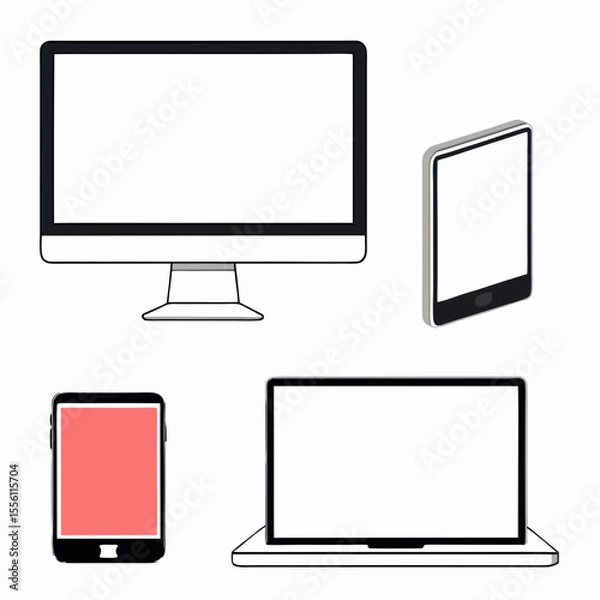 Fototapeta  Realistic device flat Icons smartphone, tablet, laptop and desktop computer. Vector illustration on white background