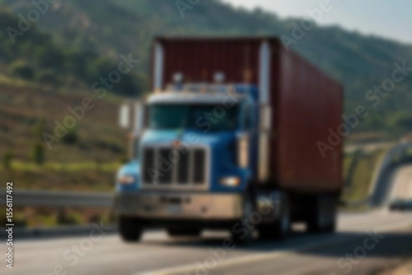 Fototapeta Blurry photo of container truck carrying large containers on highway with beautiful sunset.