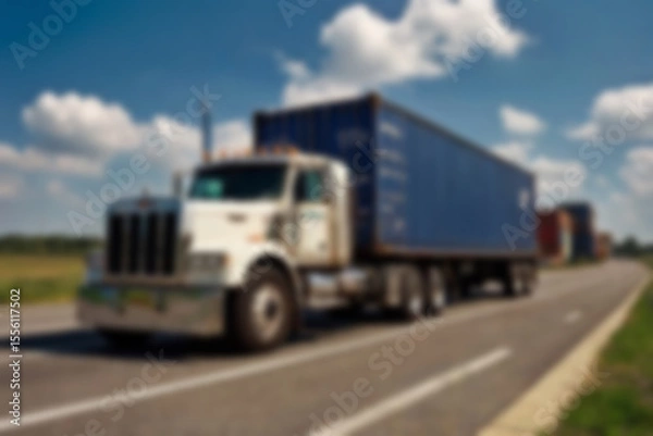 Fototapeta Blurry photo of container truck carrying large containers on highway with beautiful sunset.