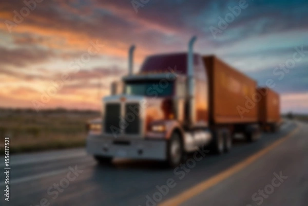 Fototapeta Blurry photo of container truck carrying large containers on highway with beautiful sunset.