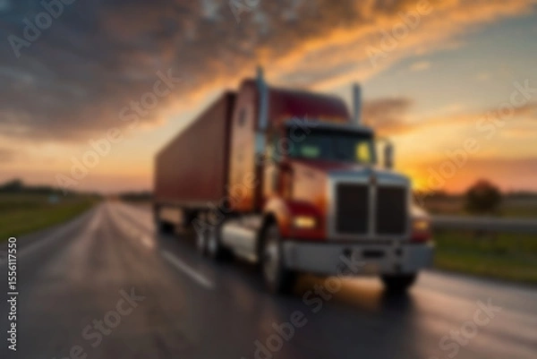 Fototapeta Blurry photo of container truck carrying large containers on highway with beautiful sunset.