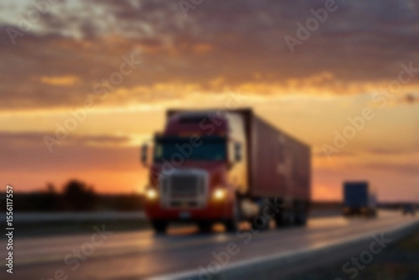 Fototapeta Blurry photo of container truck carrying large containers on highway with beautiful sunset.