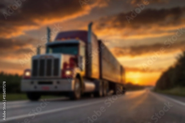 Fototapeta Blurry photo of container truck carrying large containers on highway with beautiful sunset.