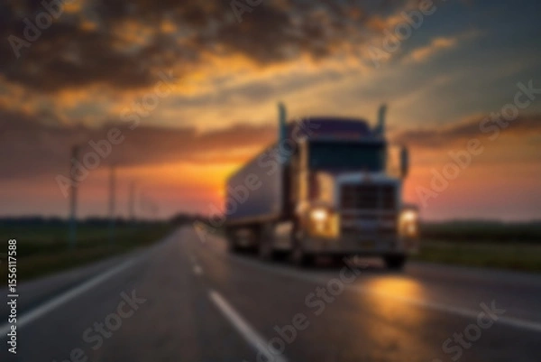 Fototapeta Blurry photo of container truck carrying large containers on highway with beautiful sunset.