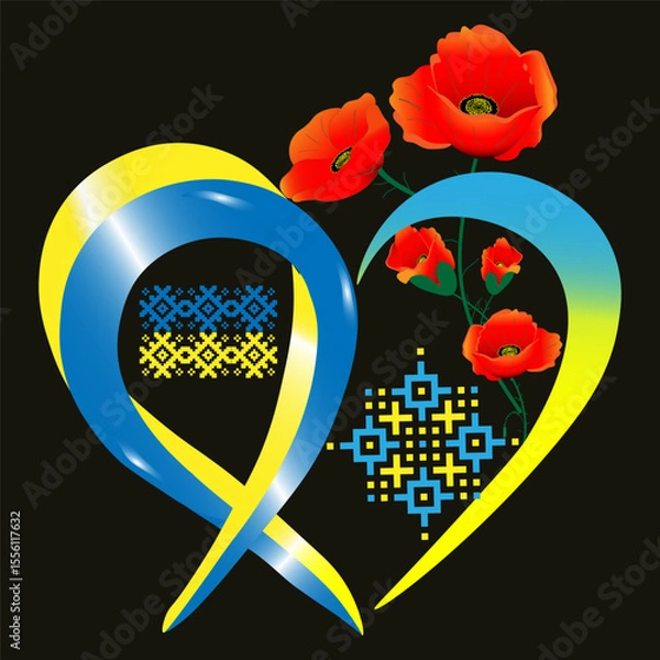 Fototapeta National symbols of Ukraine. Poppies on a background of a yellow-blue ribbon in the shape of a heart. Vector illustration