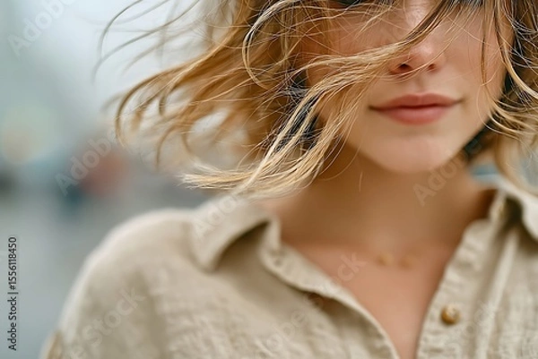 Fototapeta A captivating close-up portrait of a woman. Her short hair is styled with an elegant touch, and she's wearing a light shirt. Her facial expression is one of a soft, delicate smile