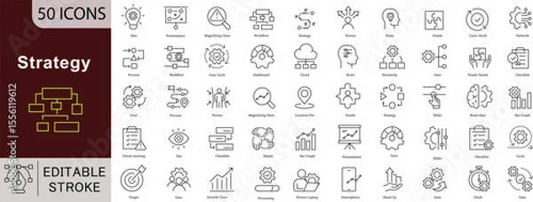 Fototapeta Strategy Business Planning Line Icons Set - 50 Editable Vector Symbols for Management Goal Achievement Success Design Projects
