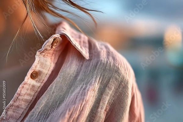 Fototapeta Close-up shot of a pink shirt collar on person with the background blurred, emphasizing the texture and color of the garment
