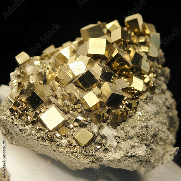 Fototapeta Close-up view of sparkling pyrite crystals on rock surface Generative AI
