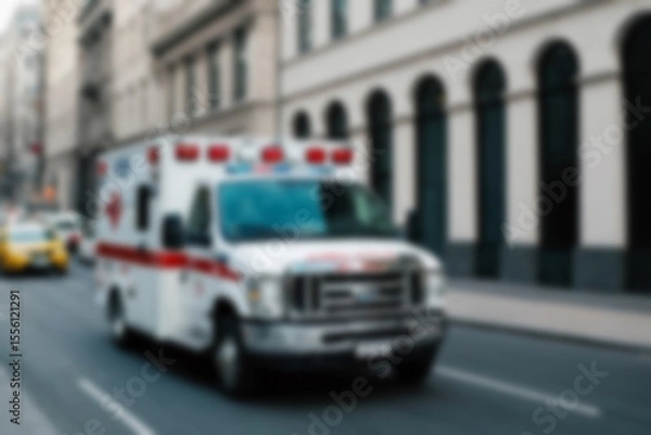 Fototapeta Blurry photo of an ambulance passing smoothly on a city road.