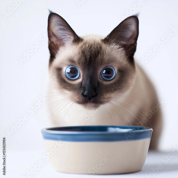 Fototapeta Hungry Siamese Cat Staring at Empty Bowl