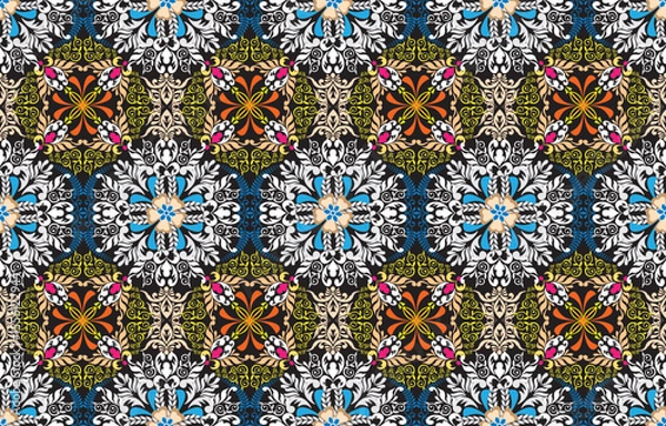 Fototapeta Gypsy pattern tribal ethnic motifs geometric vector background. Doodle gypsy geometric shapes sprites tribal motifs clothing fabric textile print traditional design with triangles
