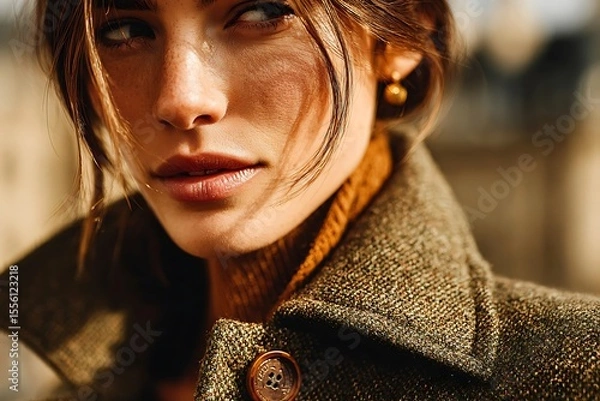Fototapeta A Portrait of a stylish woman in a coat with elegant earrings and a warm look at a day light