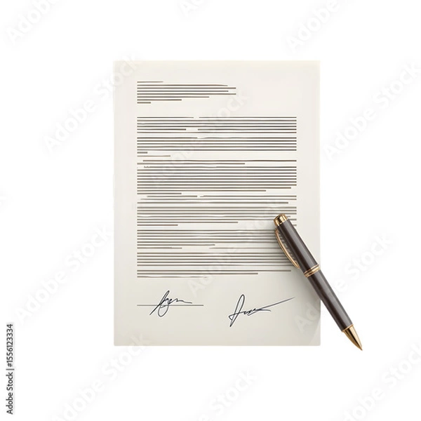 Fototapeta Signed Contract: A contract document with two signatures, lies next to a sophisticated pen.  The scene represents finality, agreement, and legal closure.