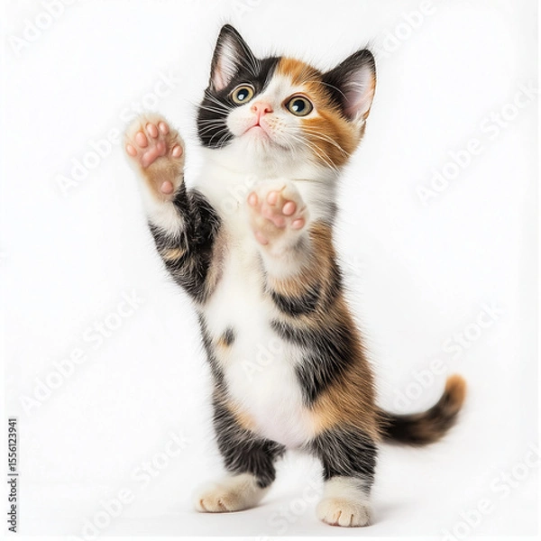 Fototapeta Tiny Calico Kitten Standing on Hind Legs with Paws Up