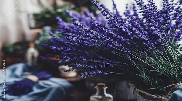Obraz Dried herbs and flowers in ceramic bowls, a serene organic wellness composition