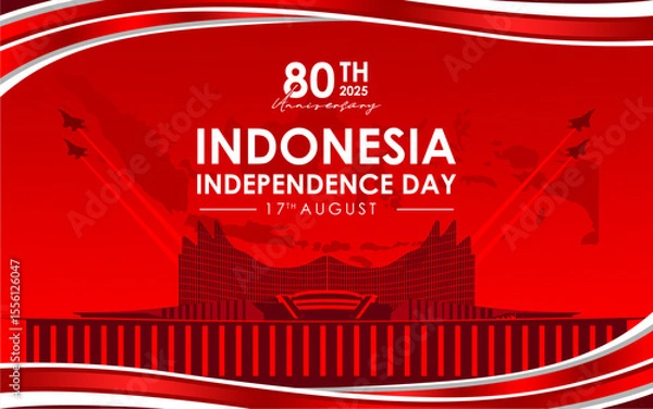 Fototapeta Banner or poster design for the 80th Indonesian Independence Day in 2025 with the silhouette of the Nusantara Building at the IKN, a map of the Indonesian archipelago and a fighter jet.