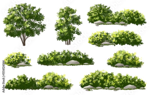 Fototapeta Vertor set of green tree,plants side view for landscape elevations,element for backdrop,eco environment concept design,watercolor greenery scene