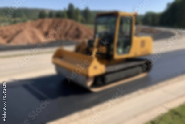 Fototapeta Blurry photo of the construction process of repairing/paving the highway using modern tools.