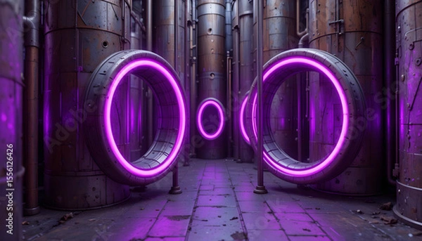 Obraz Futuristic Corridor with Neon Rings in Industrial Environment