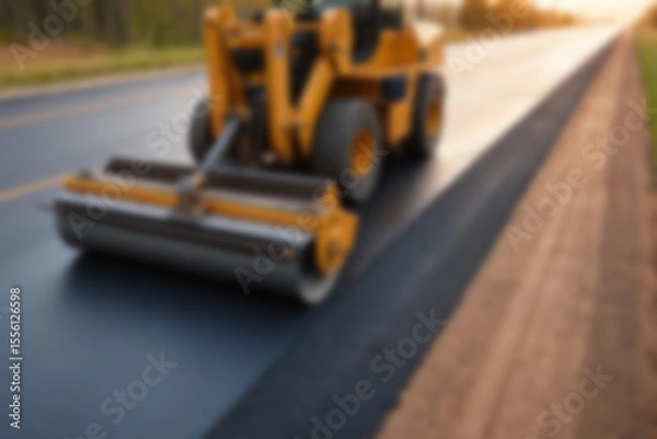 Fototapeta Blurry photo of the construction process of repairing/paving the highway using modern tools.
