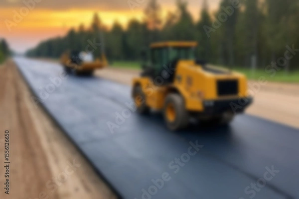Fototapeta Blurry photo of the construction process of repairing/paving the highway using modern tools.