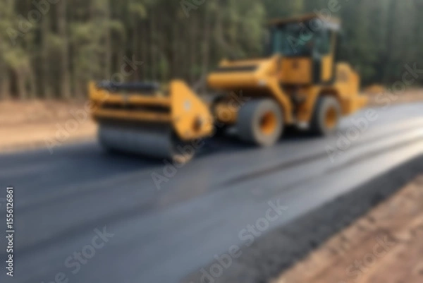 Fototapeta Blurry photo of the construction process of repairing/paving the highway using modern tools.