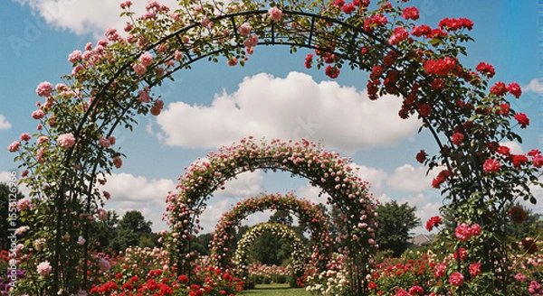 Fototapeta Rose arches in a garden against blue sky with clouds, for backgrounds