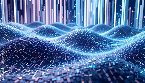 Obraz Abstract Digital Landscape with Light Waves and Pixelated Features