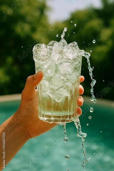 Obraz A hand holds a glass overflowing with ice water, splashing droplets in the summer sunlight by the pool
