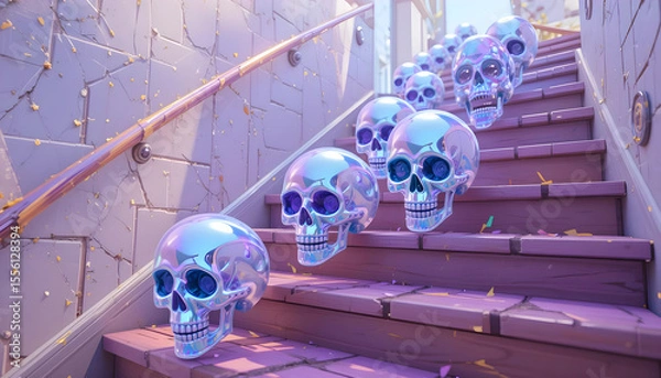 Obraz Shiny Skull Decoration on Stairs for Festive or Creative Themes