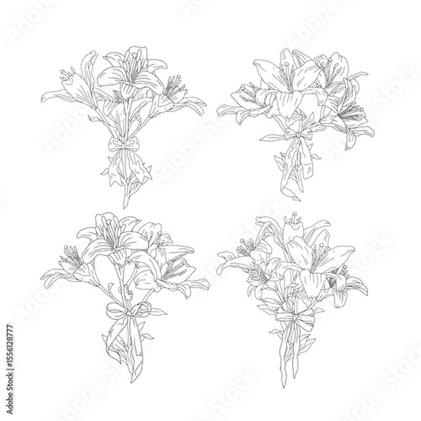 Fototapeta Hand drawn line art black and white lilies beautiful romantic bouquets set with cute bow knots. Botanical vector illustration bundle isolated on white.