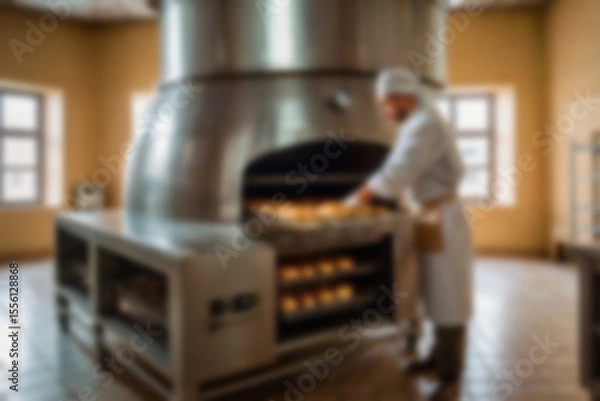 Fototapeta A blurry photo of a worker making bread and baking it in the oven until cooked.