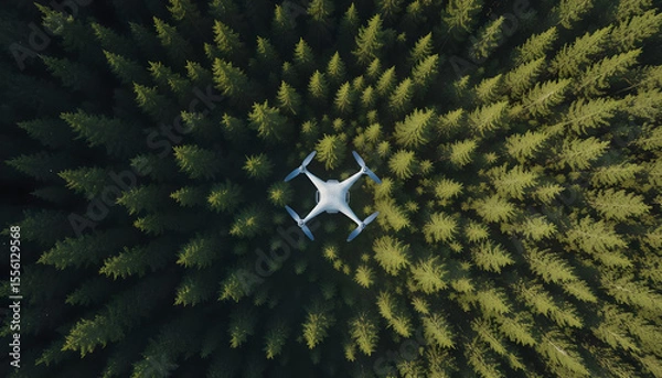 Obraz Aerial View of Drone Flying Over Dense Green Forest Landscape