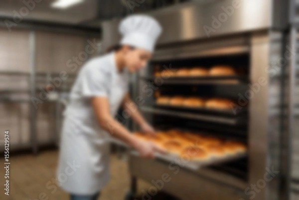 Fototapeta A blurry photo of a worker making bread and baking it in the oven until cooked.