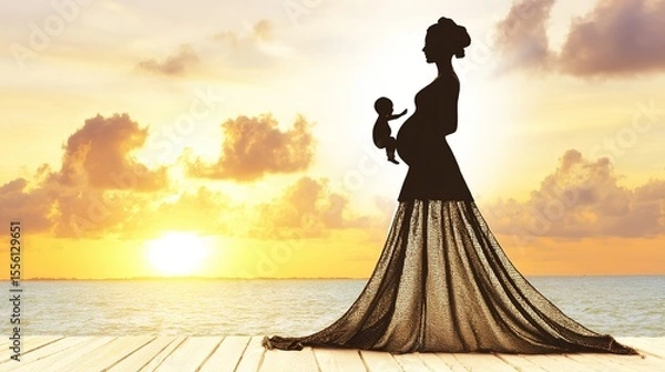 Obraz Pregnant woman's silhouette with glowing baby outline against sunset, embodying maternal love and new beginnings