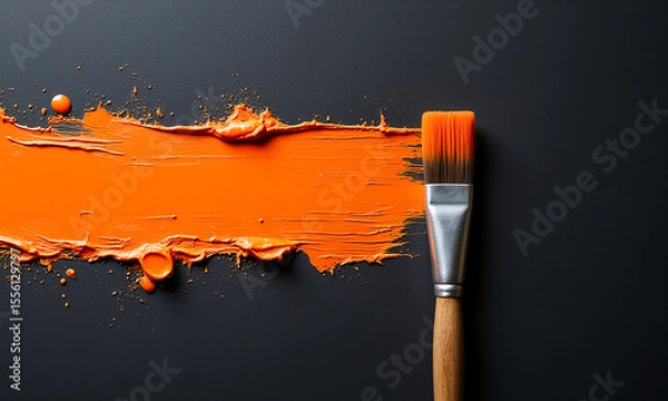 Fototapeta paintbrush with orange paint on a black background, creating a vibrant contrast between the two colors. 