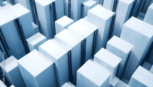 Obraz Abstract 3D Geometry with Tall Blocks in White and Light Blue Tones