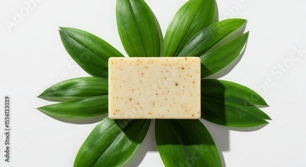 Fototapeta Natural soap bar resting on a bed of green leaves on a bright white background