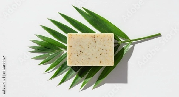 Fototapeta A bar of soap with specks rests on a green palm leaf against a white background