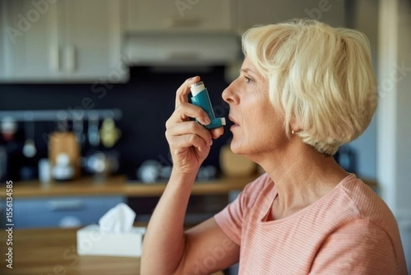 Fototapeta Woman using an inhaler with a kitchen background and tissue box on the table nearby indoors